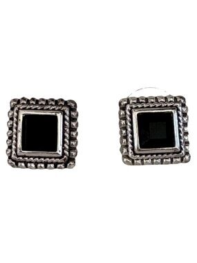 Roman Signed Square Black Stone Stud Earrings in Silver Tone